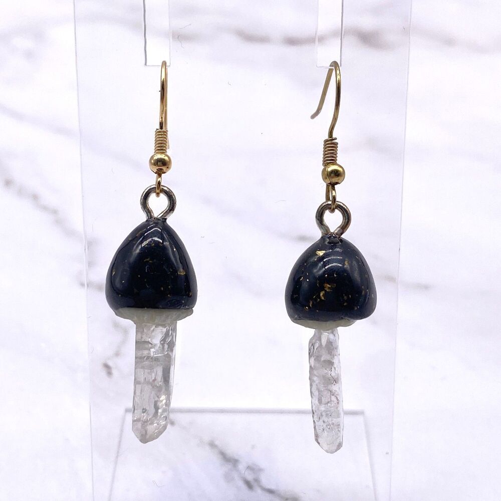 Black Mushroom Quartz Crystal Dangle wire hook polymer Clay Earrings